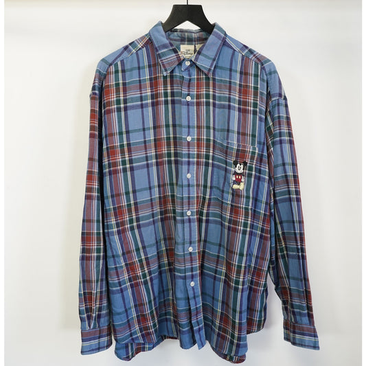 (XL) Vintage Mickey Mouse Disney Flannel Button Up Shirt Men's XL Sewn Blue Plaid