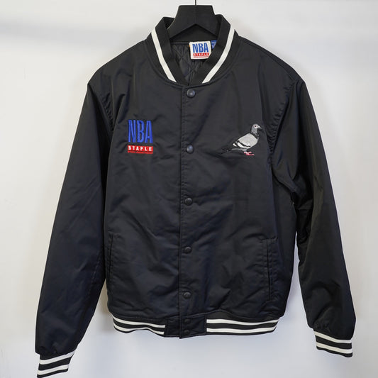 (M) NBA x Staple Sewn Satin Bomber Jacket Men's M Black Retro All Teams Pennant