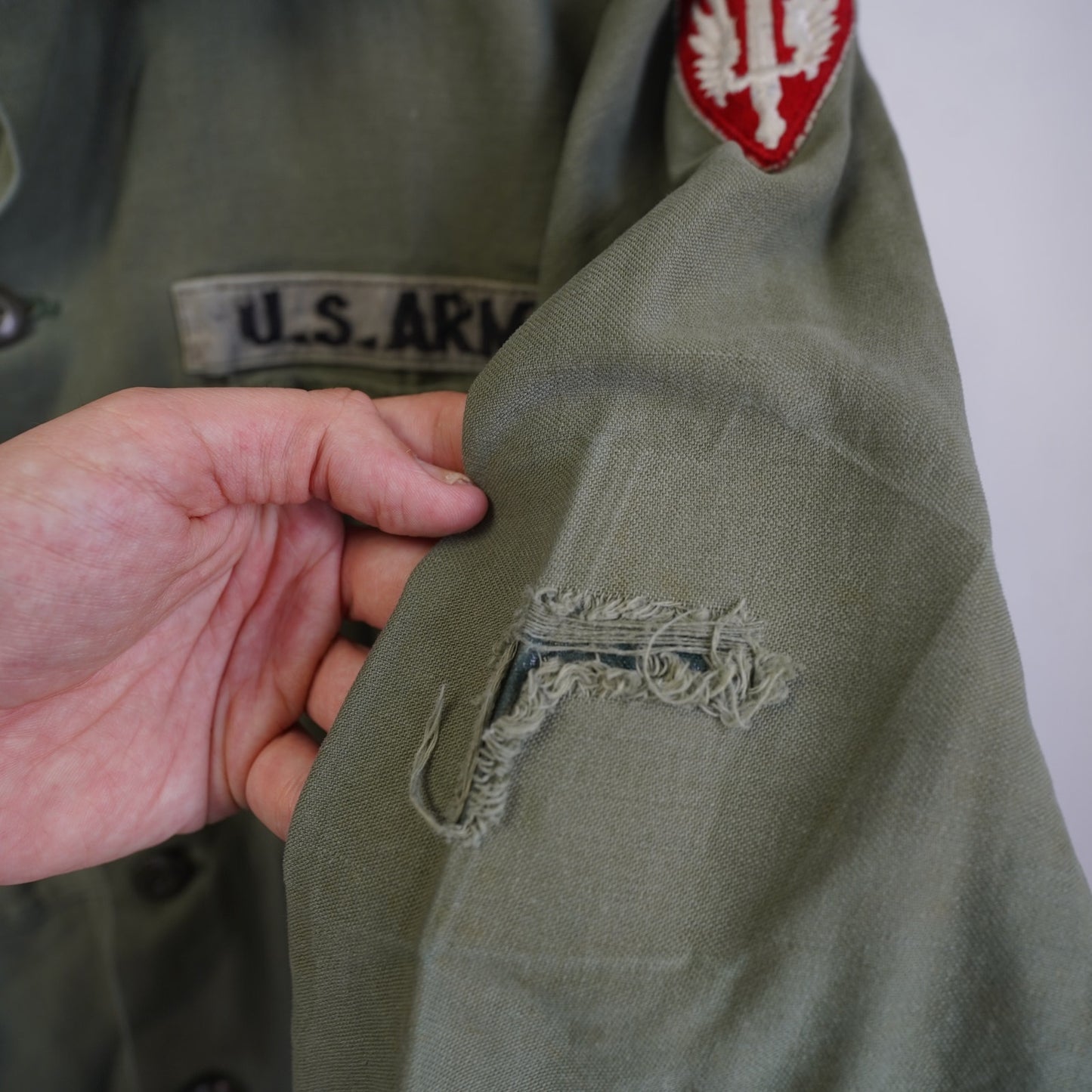 (XL) Vintage 60s US Army OG-107 Sateen Fatigue Shirt Vietnam Era Men's XL Patch