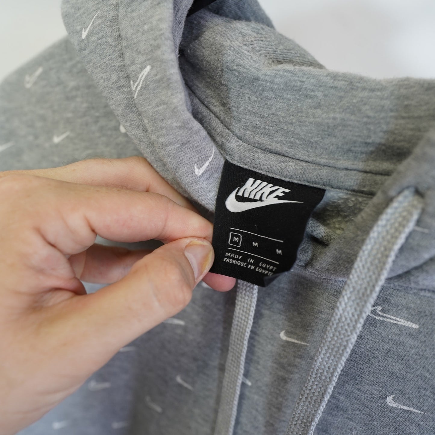 (M) Nike Swoosh All Over Print Check Hoodie Men's M Gray White Embroidered Air Retro