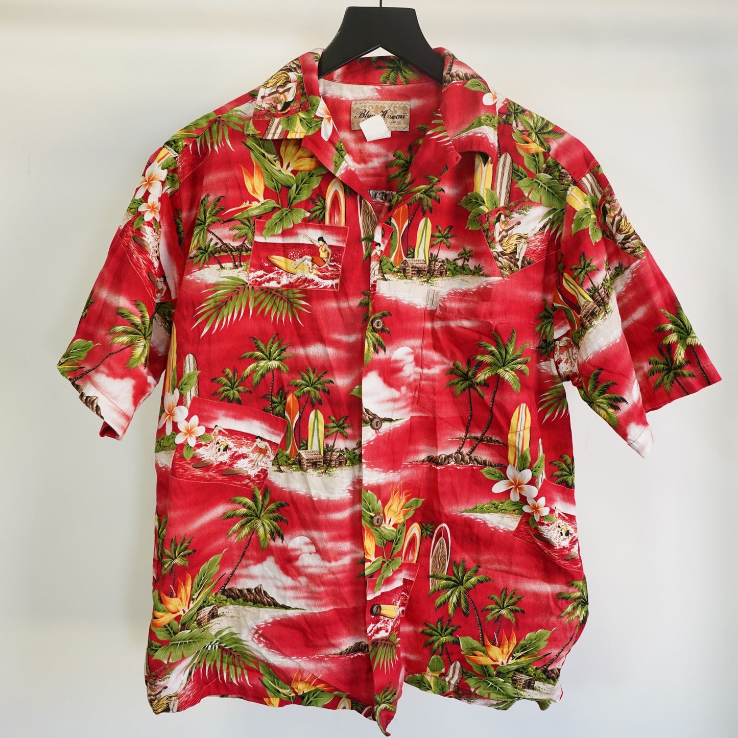 (M) Vintage Blue Hawaii 90s Hawaiian Button Down Shirt Men's M Red Palm Tree Surf