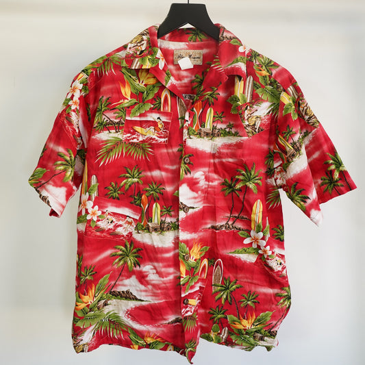 (M) Vintage Blue Hawaii 90s Hawaiian Button Down Shirt Men's M Red Palm Tree Surf