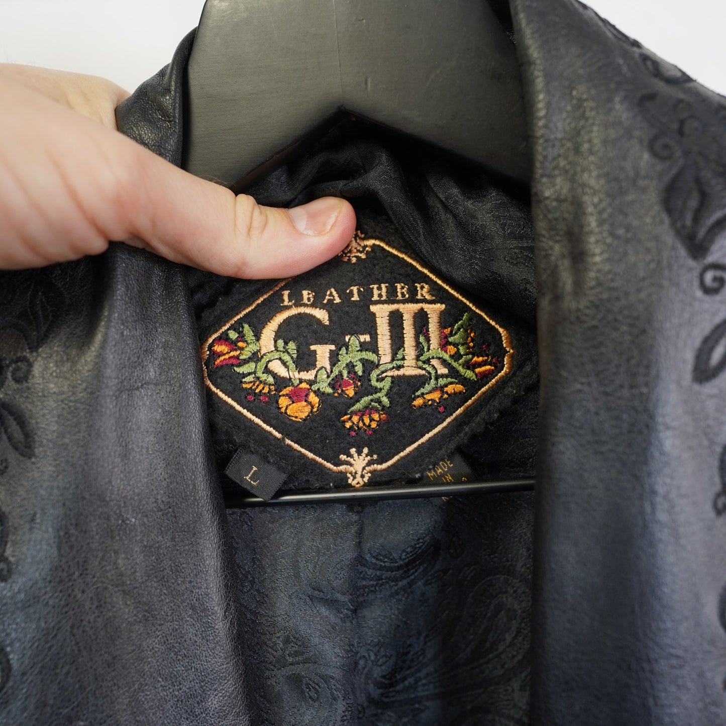 (Women's L) Vtg 80s Leather G-III Coat Women’s L Black Trench Paisley Lining Whimsy Gothic