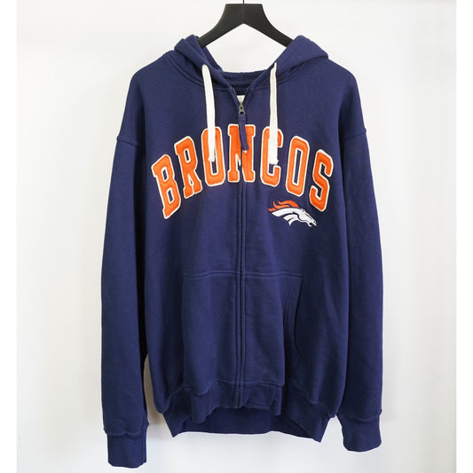 (XXL) Denver Broncos Sewn Full Zip Embroidered Hoodie Men's XXL Navy Blue Retro