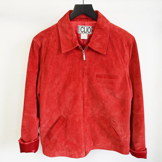 (Women's M) Vintage Clio Red Suede Leather Jacket Women's M Sz. 10 Glam Preppy Full Zip 90s