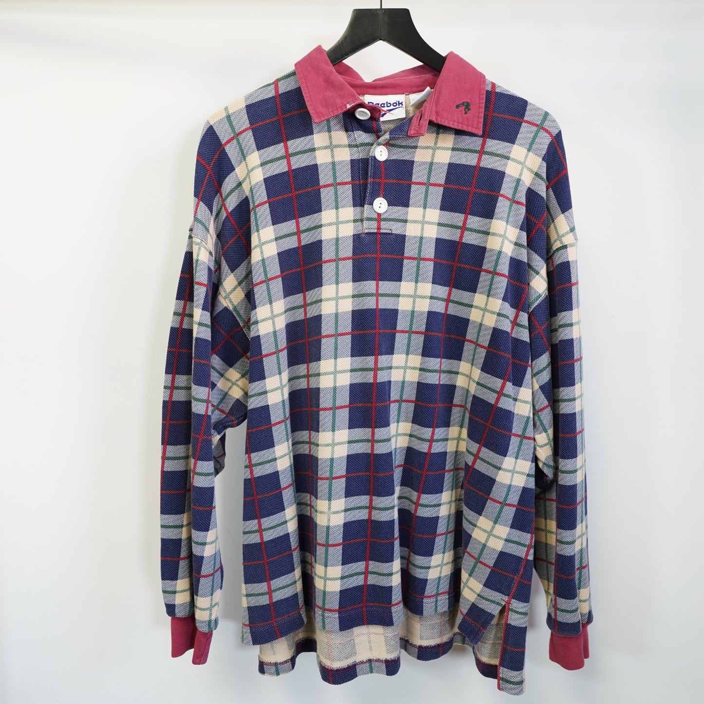 (L/XL) Vintage Shaquille O'Neal Reebok Plaid Polo Shirt Men's L Oversized Blue 90s Shaq