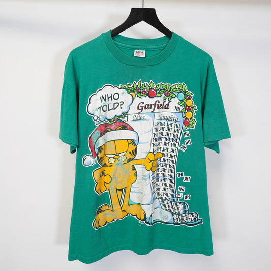 (XL) Vintage Santa Garfield Christmas T-Shirt Men's XL Single Stitch Green Holiday