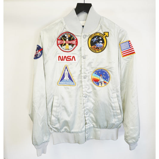 (L) Vintage 1970s Nasa Johnson Space Center Patchwork Satin Jacket Men's L Silver