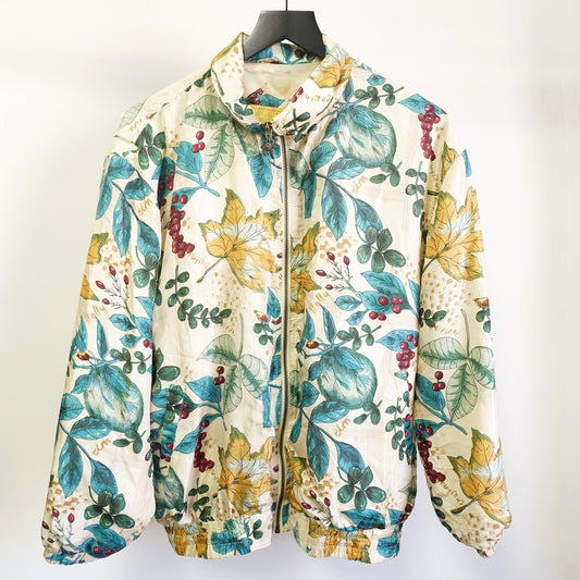 (Women's S) Vintage 90s Fruit Floral All Over Print Silk Jacket Womens S Retro Garden Nature
