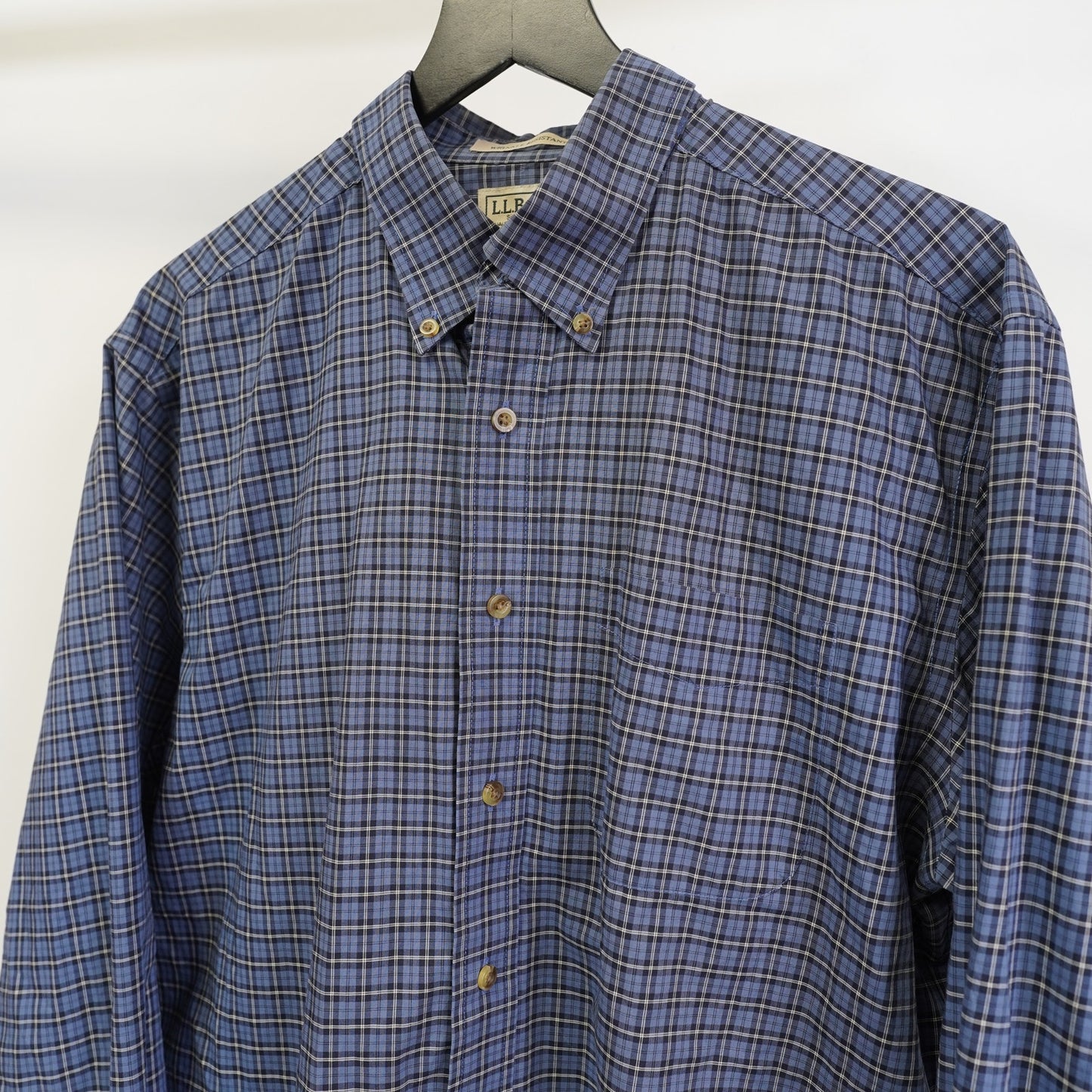 (L) L.L. Bean Blue Plaid Button Up Shirt LS Men's L-Tall Wrinkle Resistant Preppy