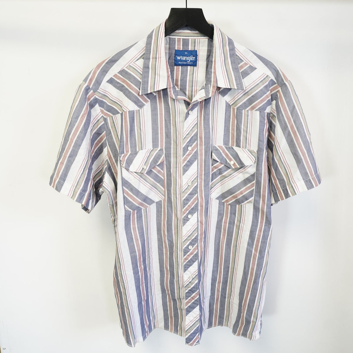 (XL) Vintage Wrangler Western Pearl Snap Striped Button Up Mens XL White Short Sleeve