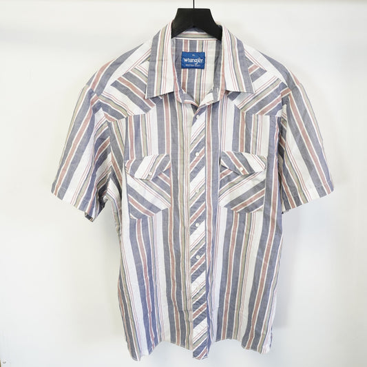 (XL) Vintage Wrangler Western Pearl Snap Striped Button Up Mens XL White Short Sleeve