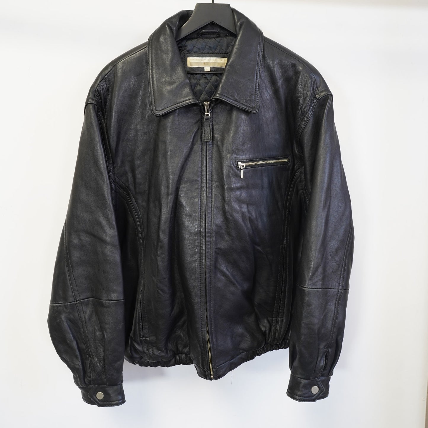 (L) Vintage Perry Ellis Lambskin Leather Black Bomber Jacket Men's L Pilot Retro