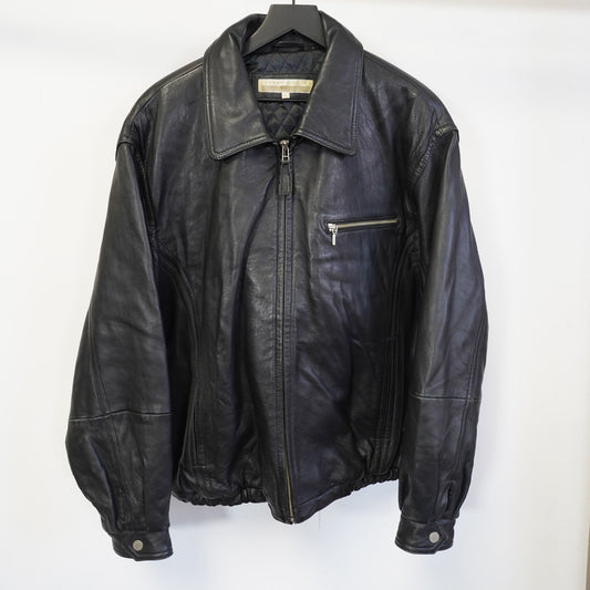 (L) Vintage Perry Ellis Lambskin Leather Black Bomber Jacket Men's L Pilot Retro