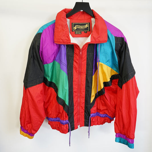 (Women's M) Vintage 80s Colorblock Windbreaker Women's M Multicolor 90s Retro Rave Full Zip