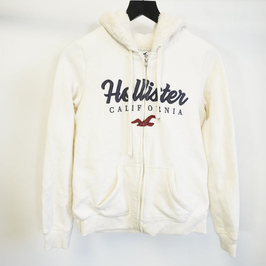 (S) Hollister California Stitched Fur Lined Hoodie Men's Size S Full Zip White Y2K