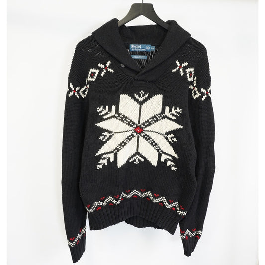 (L) Polo Ralph Lauren Nordic Snowflake Shawl Collar Sweater Men's L Black Cashmere
