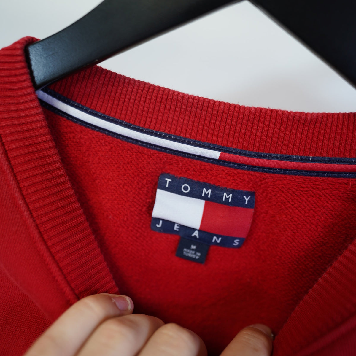 (M) Vintage Tommy Hilfiger Jeans Stitched Spellout Sweatshirt Men's M Red Sewn Retro