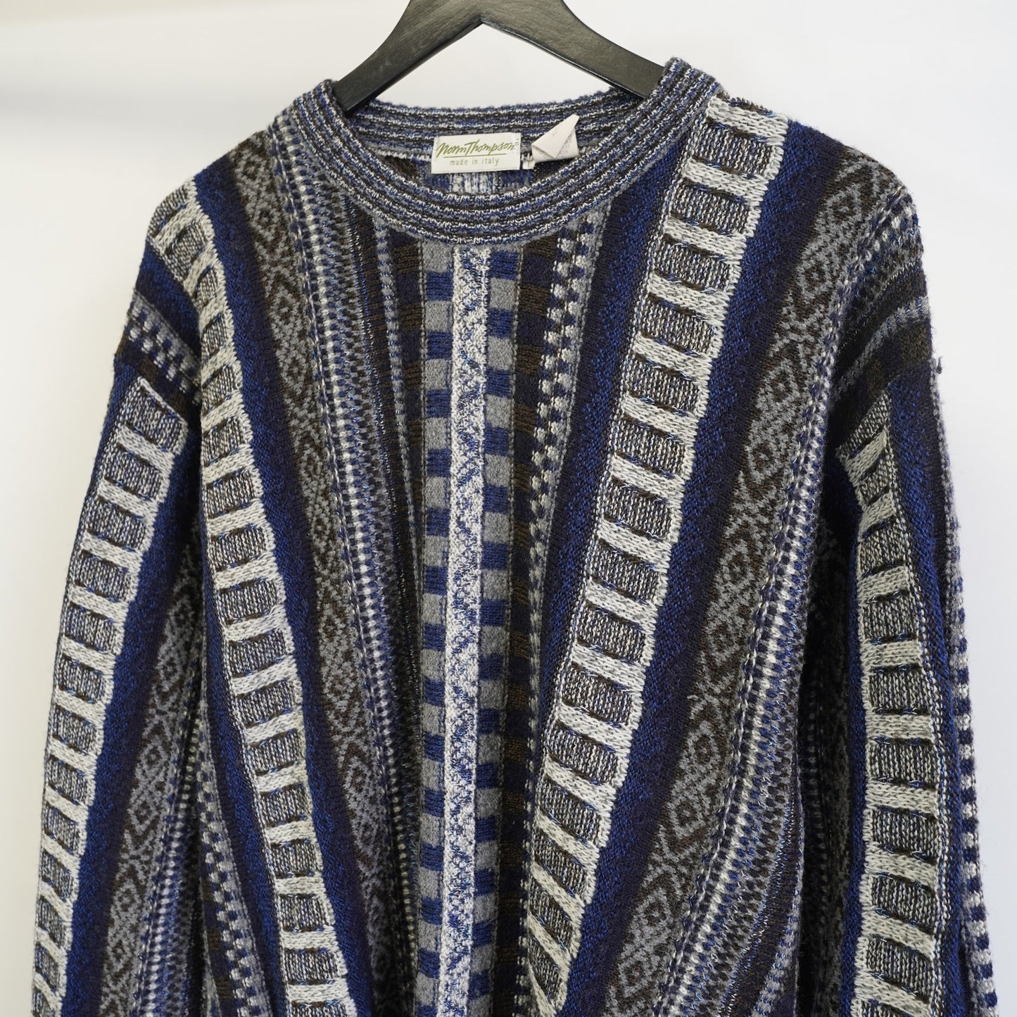 (L) Vintage 90s Geometric Norm Thompson Knit Sweater Men's L Made in Italy Striped