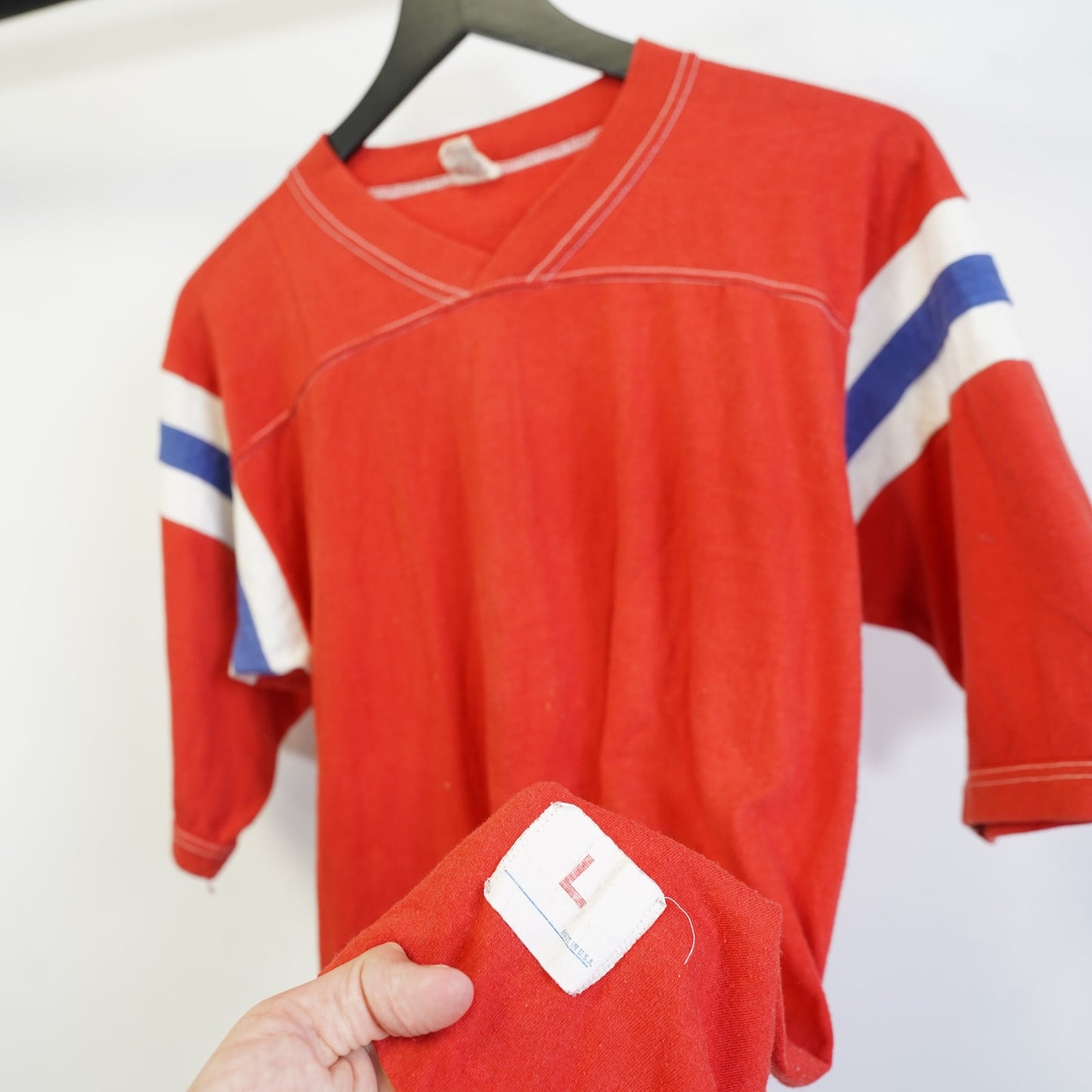 (L) True Vintage 1970s Blank Football Jersey Men's L Red Medallion 3/4 Sleeve