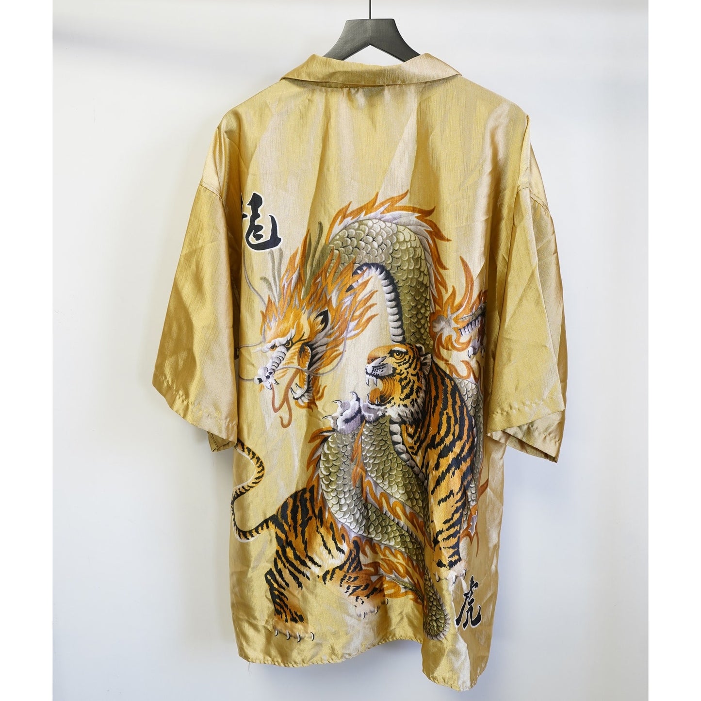 (4XL) Vintage Japanese Dragon Tiger Gold Satin Y2K Button Up Shirt Men's 4XL 2000s
