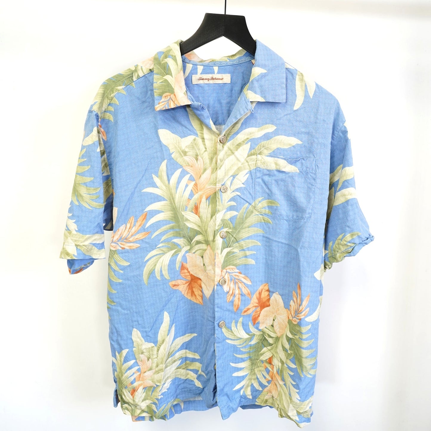 (M) Tommy Bahama Mens Floral 100% Silk Hawaiian Shirt Men's M Blue Flowers Surf