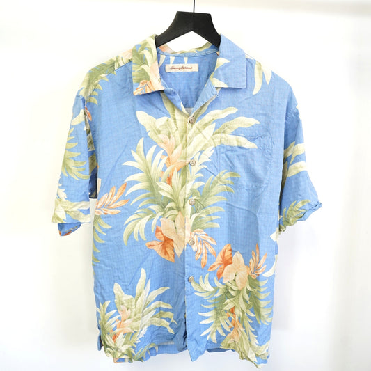 (M) Tommy Bahama Mens Floral 100% Silk Hawaiian Shirt Men's M Blue Flowers Surf