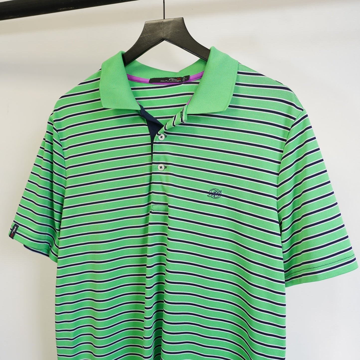 (L) Ralph Lauren RLX Striped Golf Polo Shirt Men's L Stitched H Green Navy Blue