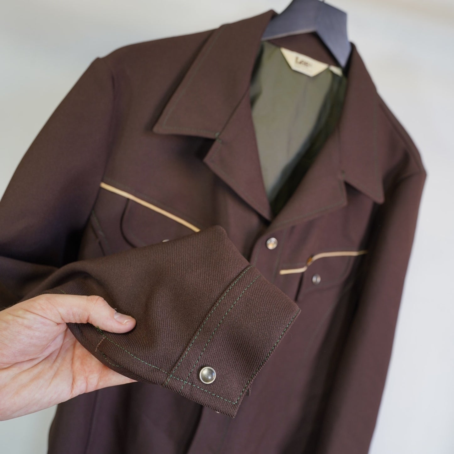 (L) True Vintage Lee Western 70s Polyester Pearl Snap Button Down Shirt Mens L Brown