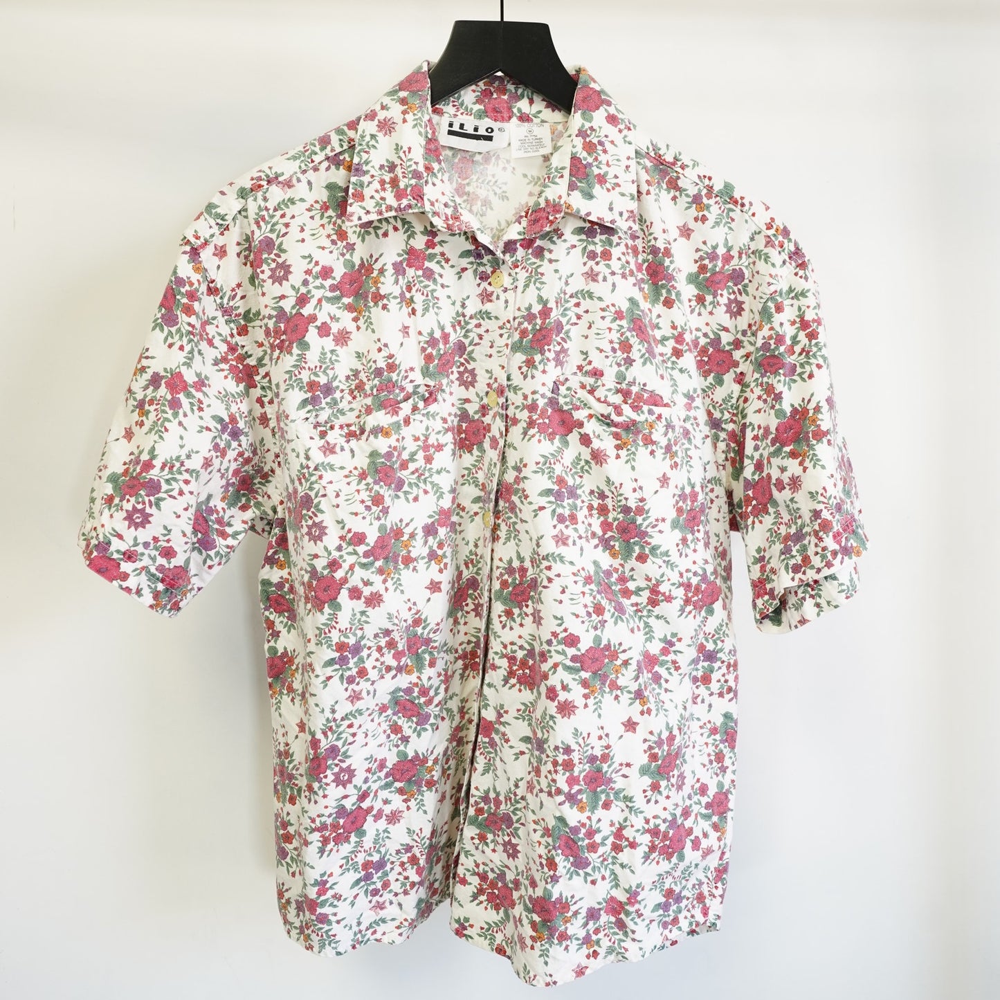 (Women's M) Vintage ILIO Floral Button Up Shirt Short Sleeve Women's Medium 90s Retro Flower