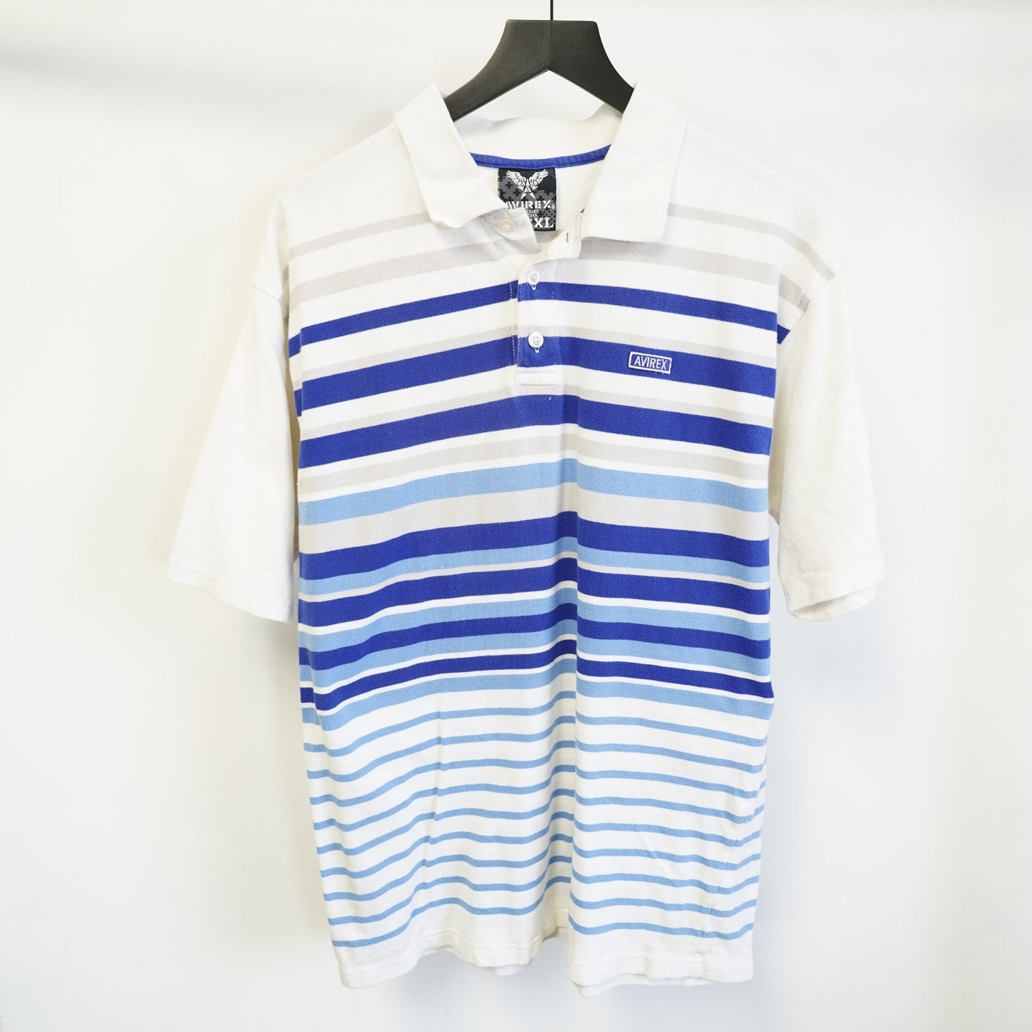 (XL) Vintage Avirex Y2K Striped Polo Shirt Men's XL Blue 2000s Streetwear Hip Hop
