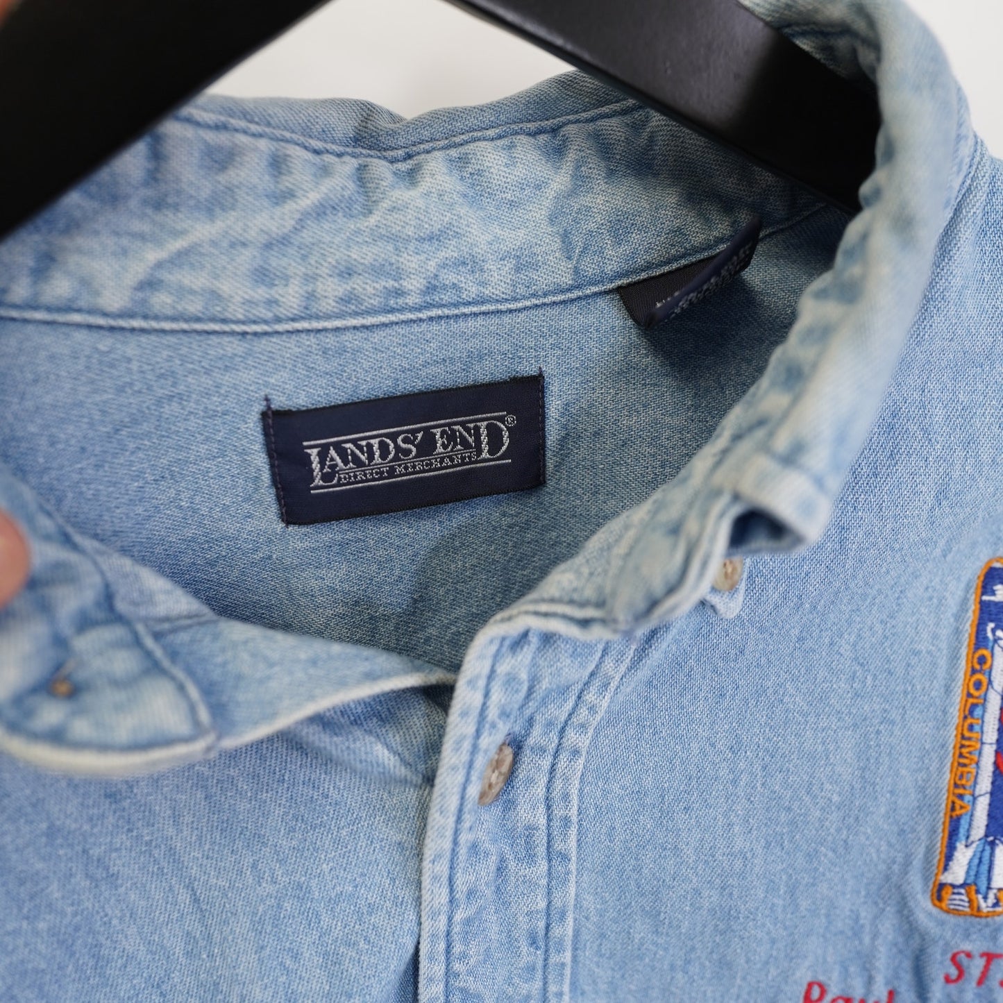 (L) Vintage Nasa Columbia Space Shuttle Denim Button Up Shirt Men's L 90s Stitched