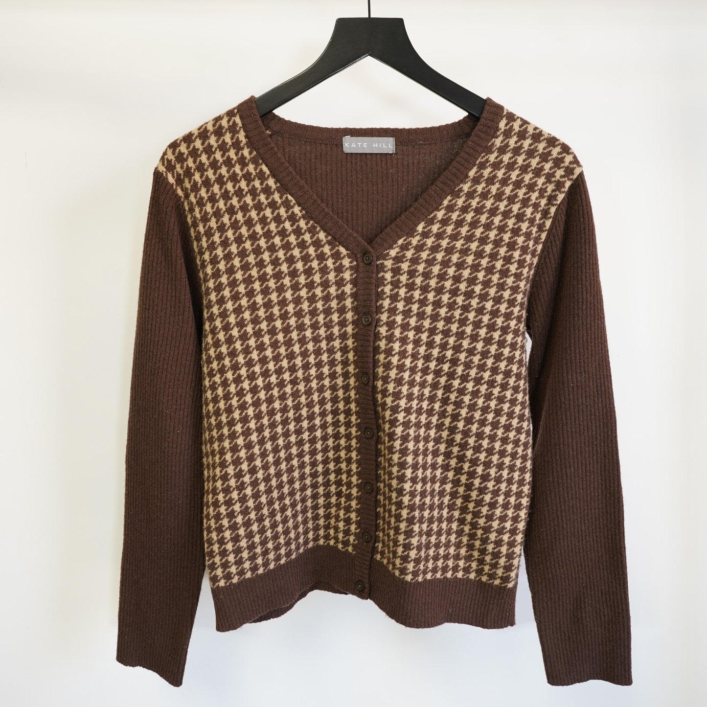 (Women's M) Vintage Kate Hill Houndstooth Cardigan Knit Sweater Women's M Brown Tan Preppy