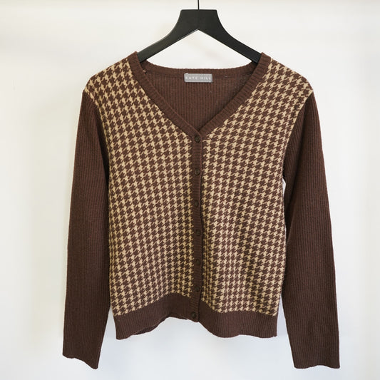(Women's M) Vintage Kate Hill Houndstooth Cardigan Knit Sweater Women's M Brown Tan Preppy