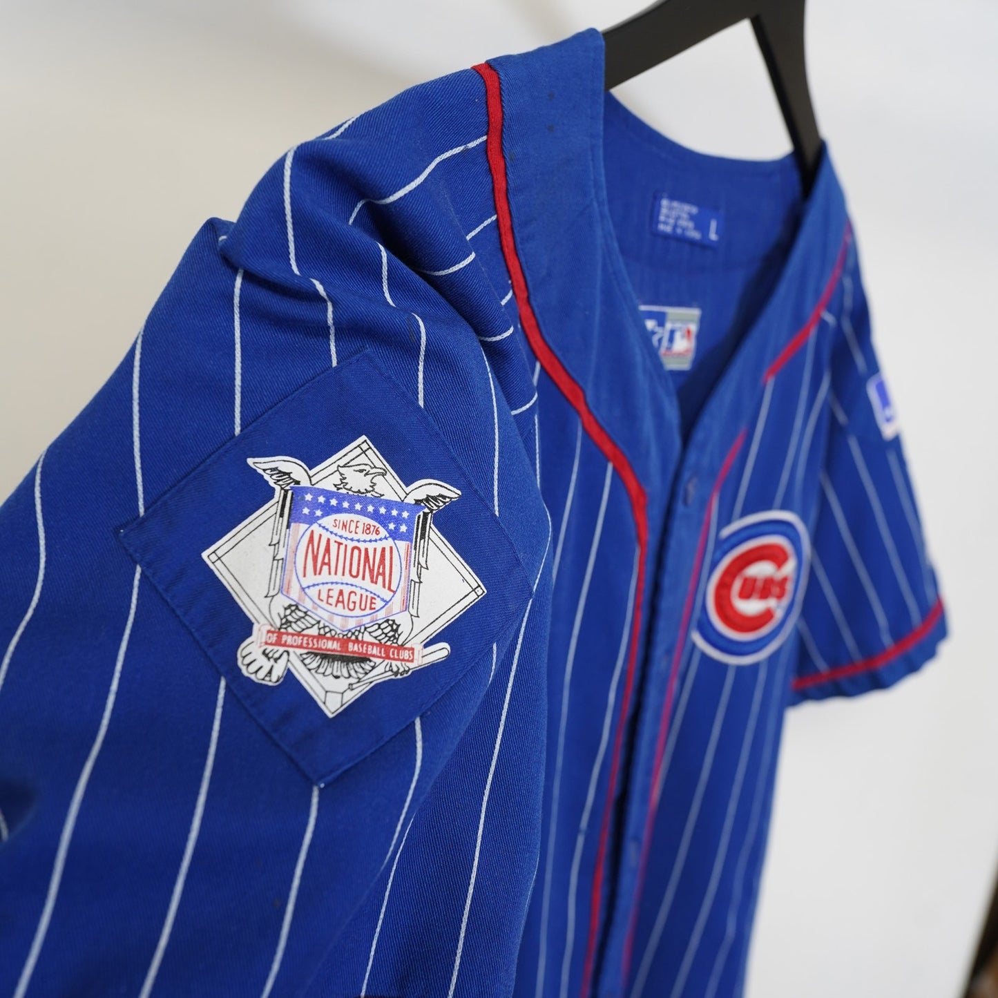 (L) Vintage Starter Pinstripe Chicago Cubs Embroidered Baseball Jersey Men's L Blue