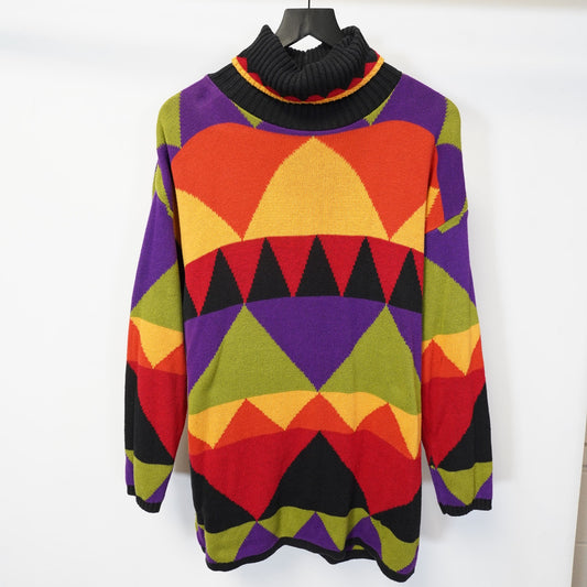 (Women's L) Vintage 90s Colorblock Retro Geometric Knit Turtleneck Sweater Women's L 80s