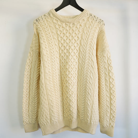 (L) Vintage Carraig Don Fishermen Cable Knit Pure Wool Ireland Cream Sweater
