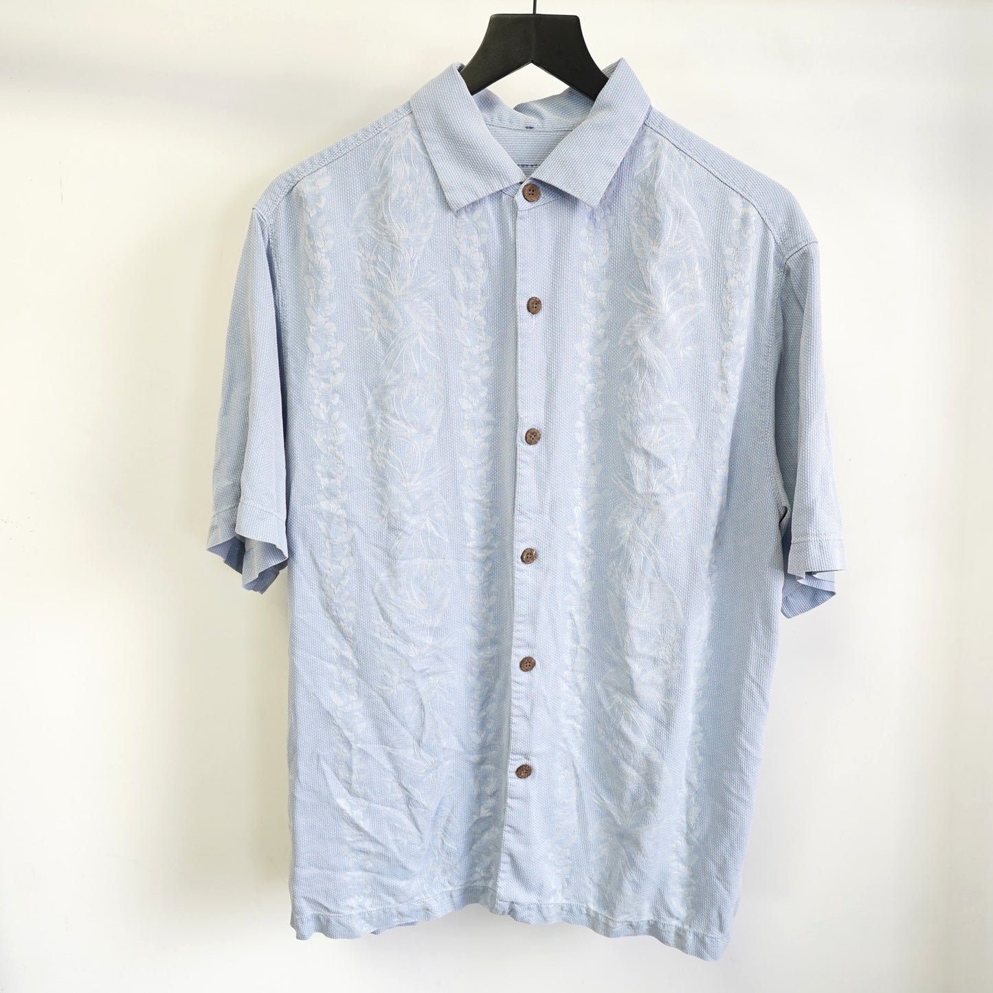(M) Tommy Bahama Cubavera 100% Silk Hawaiian Shirt Men's M Blue Embroidered Floral
