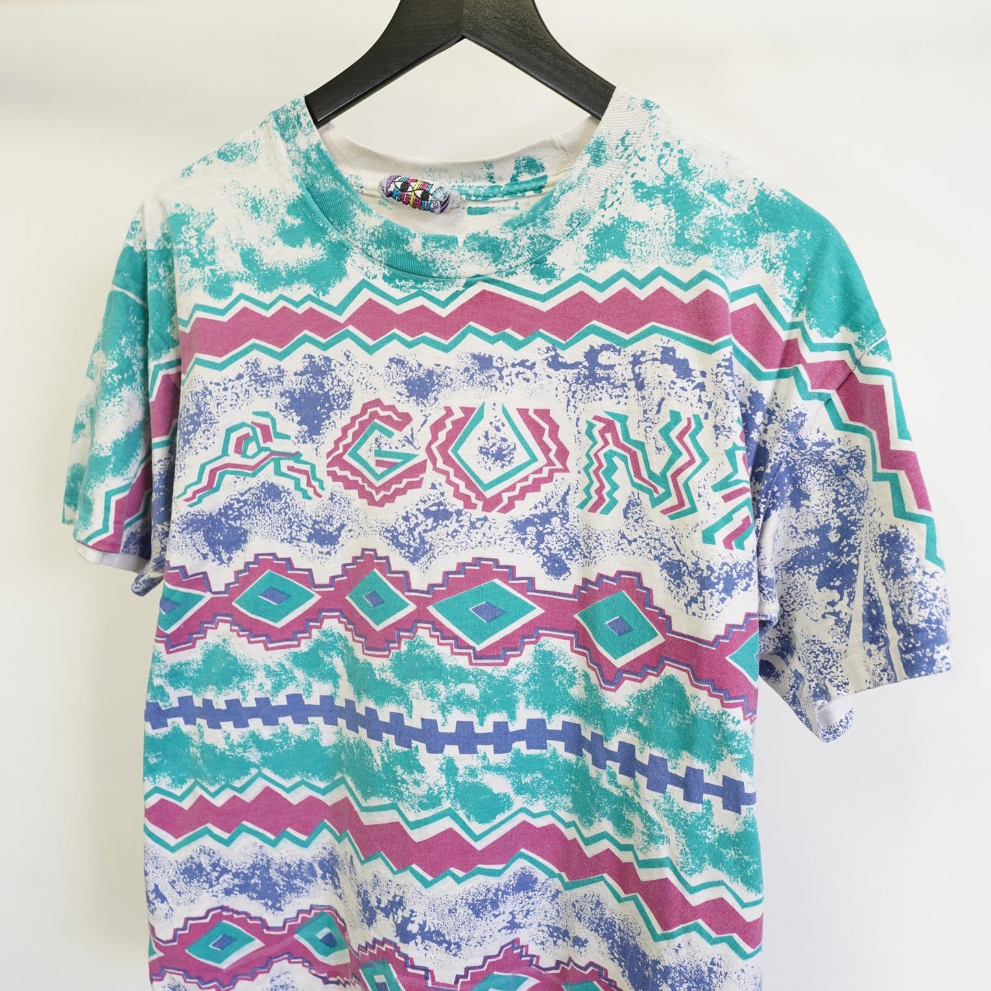 (L) Vintage Laguna 90s Striped Surf Skate T-Shirt Men's L All Over Print Aqua Pink