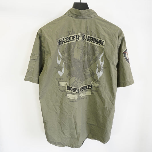 (M) Vintage Harley Davidson Motorcycles Patchwork Button Up Shirt Mens M Green Biker