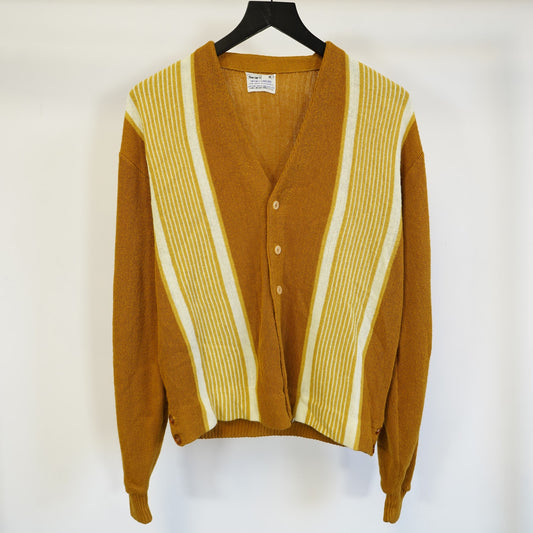 (L) True Vintage 1960s-70s Sears Sportswear Yellow Knit Striped Cardigan Men's L Sweater