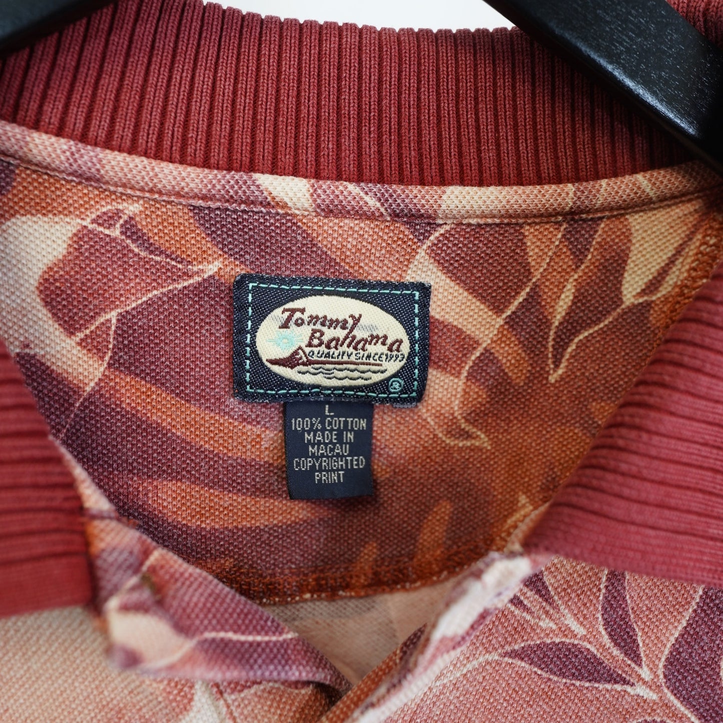 (L) Vintage Tommy Bahama Floral Hawaiian Polo Shirt Men's L Red Tropical Palm Tree
