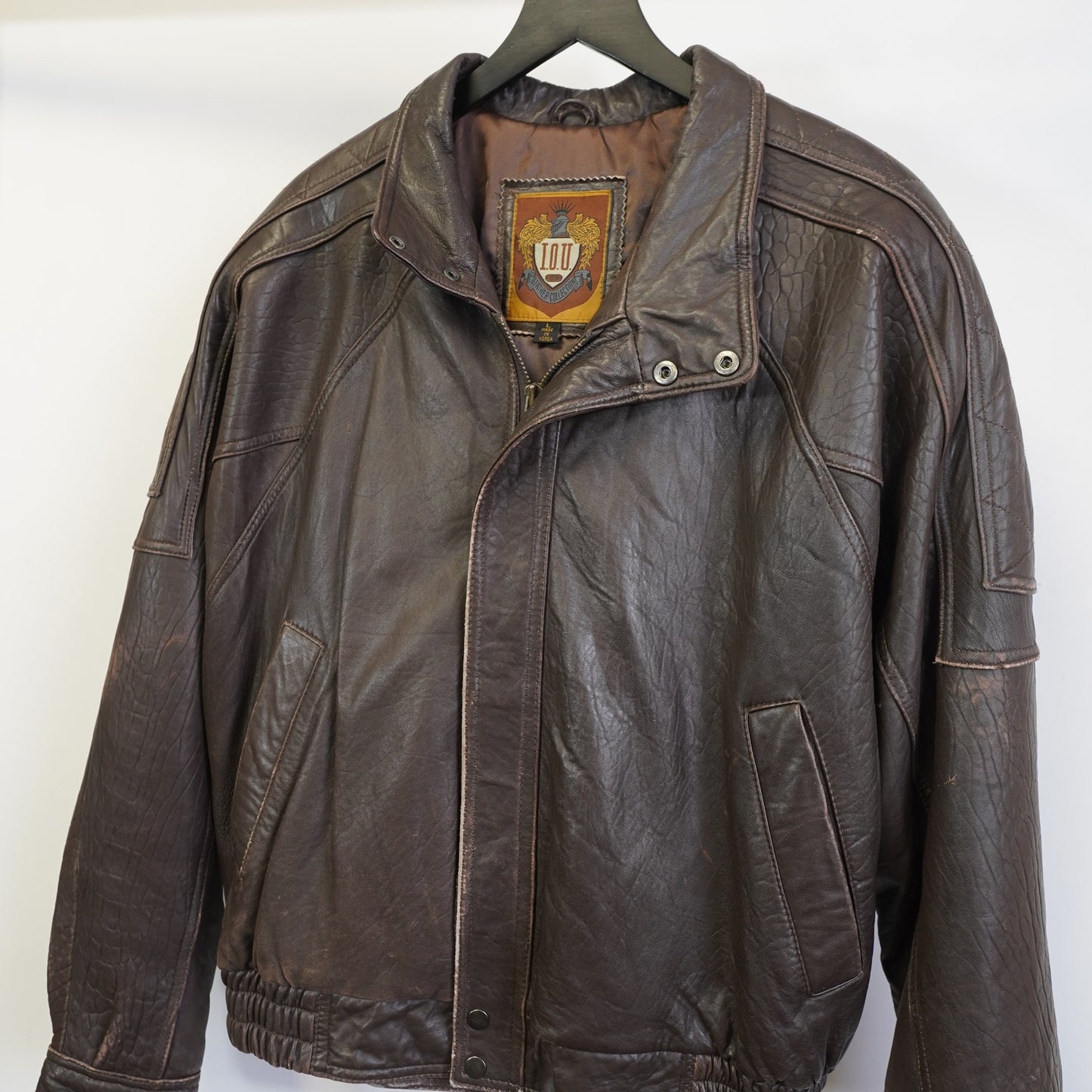 (L) Vintage IOU Leather Bomber Flight Jacket Men's L Brown 90s Aviator Retro