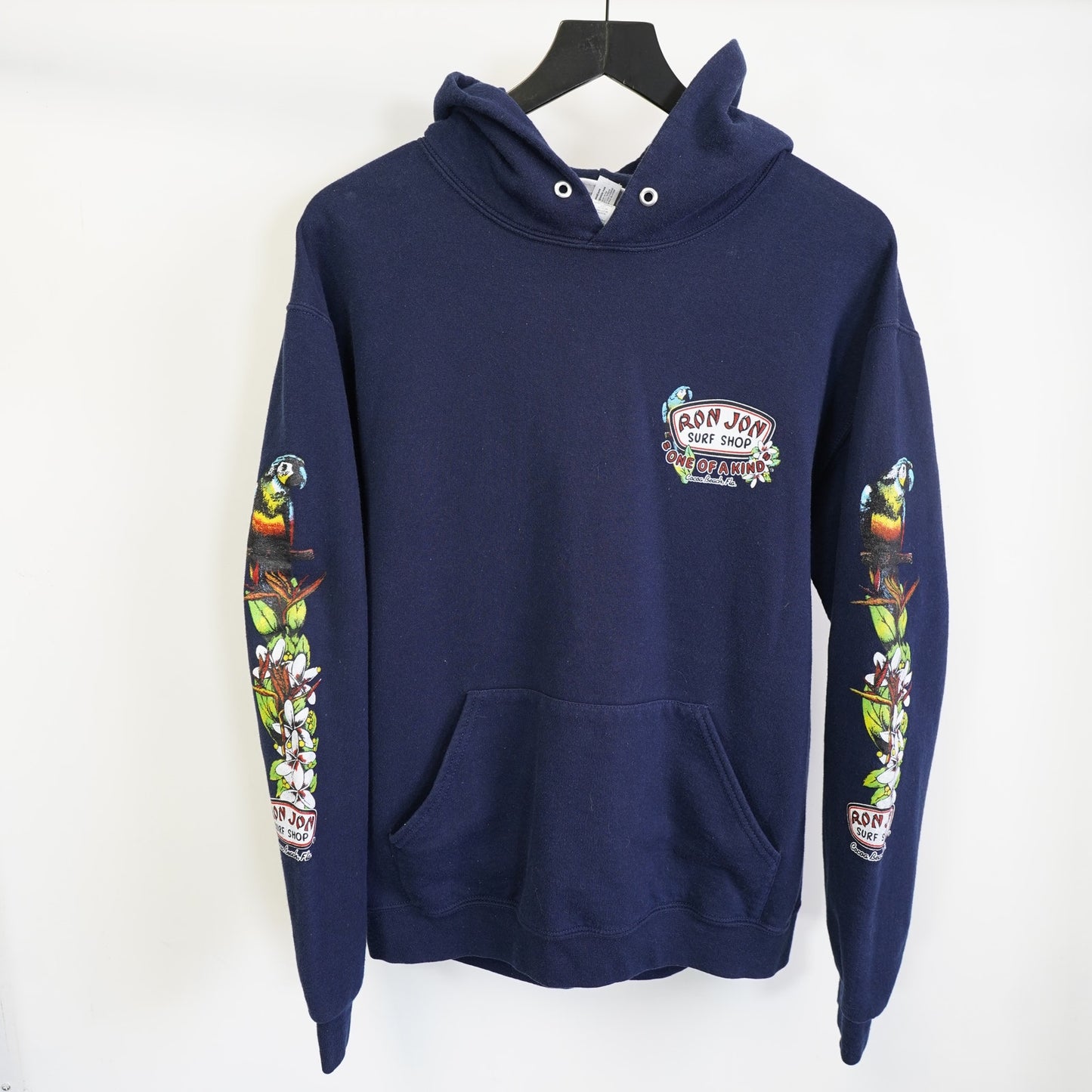 Vintage Ron Jon Surf Shop Tropical Hoodie Men's M Navy Blue Parrot Hawaiian