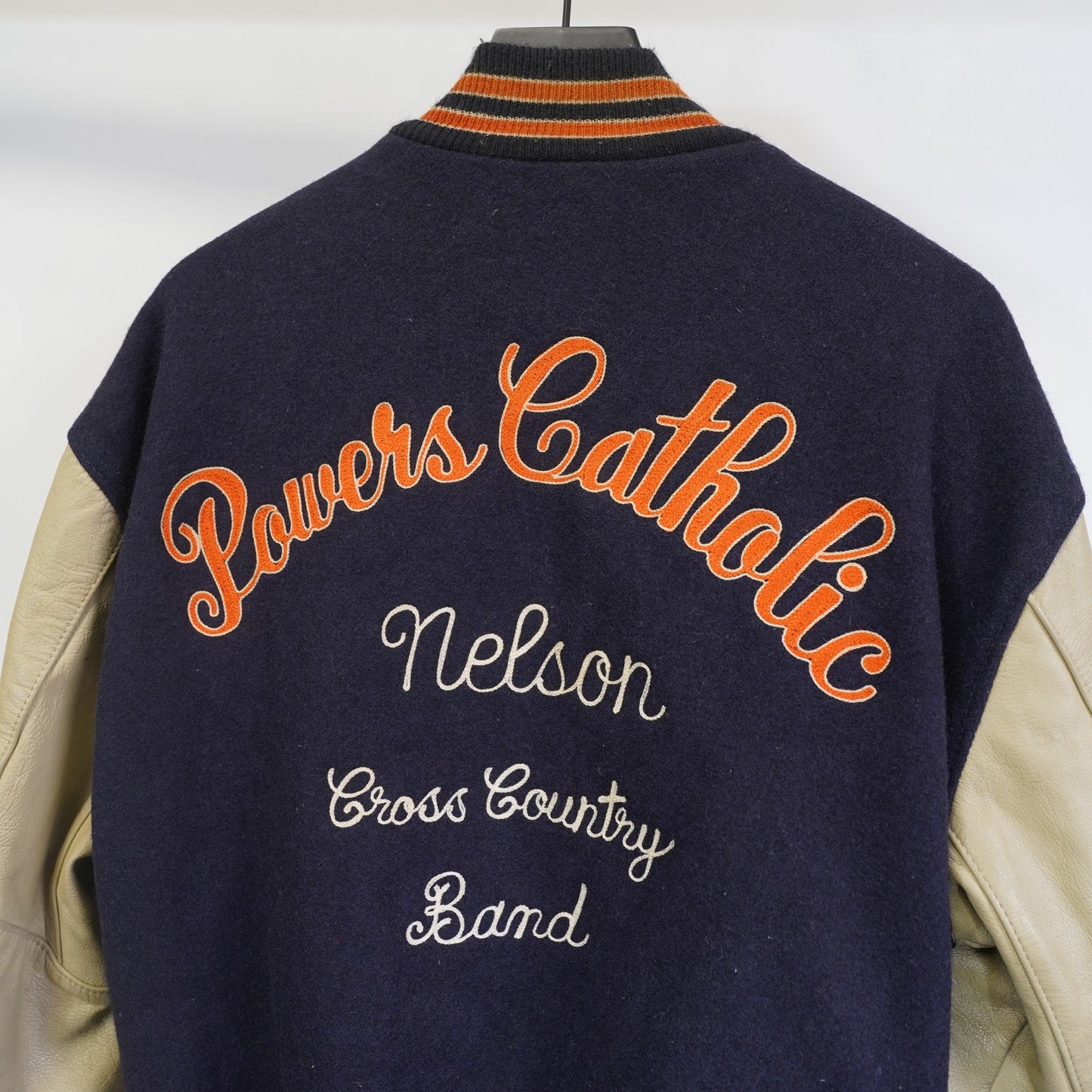 (XL) Vintage Delong Leather Varsity Jacket Unisex Size XL Navy Cream Catholic