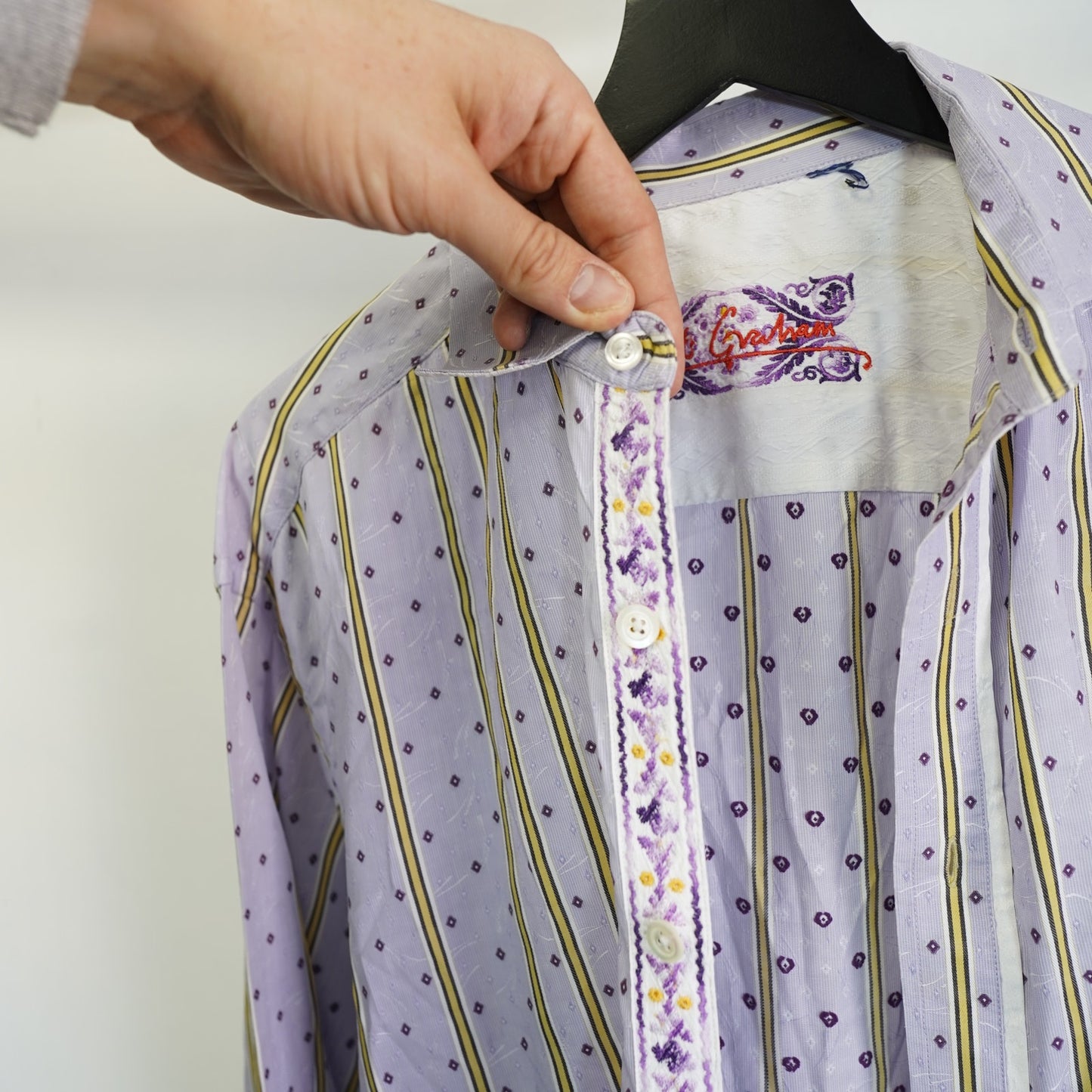 (XXL) Robert Graham Button Up Shirt Men's XXL Floral Flip Cuff Preppy Purple Stripes
