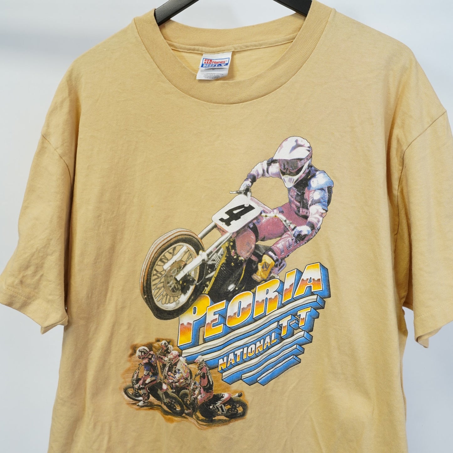 (XL) Vintage Peoria Motocross Single Stitch Racing T-Shirt Men's XL Tan Hanes Biker