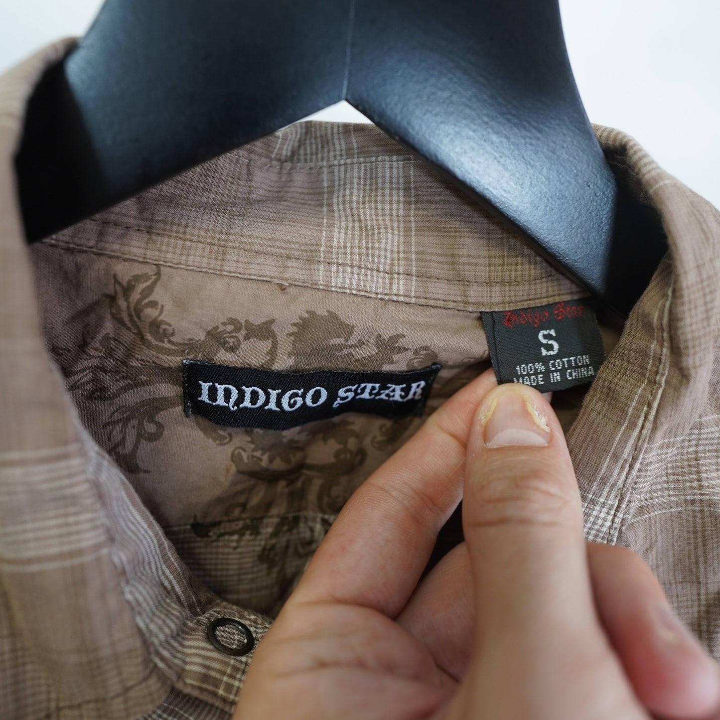 (S) Vintage Indigo Star Y2K Embroidered Western Pearl Snap Button Up Mens S Tan 2000