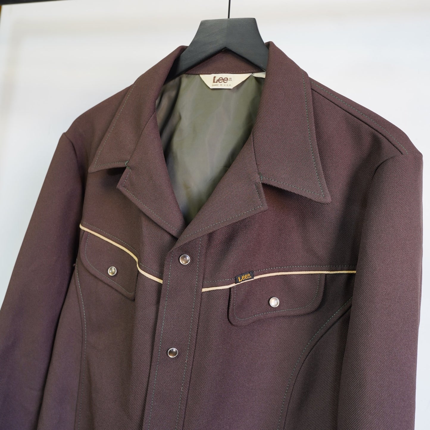 (L) True Vintage Lee Western 70s Polyester Pearl Snap Button Down Shirt Mens L Brown