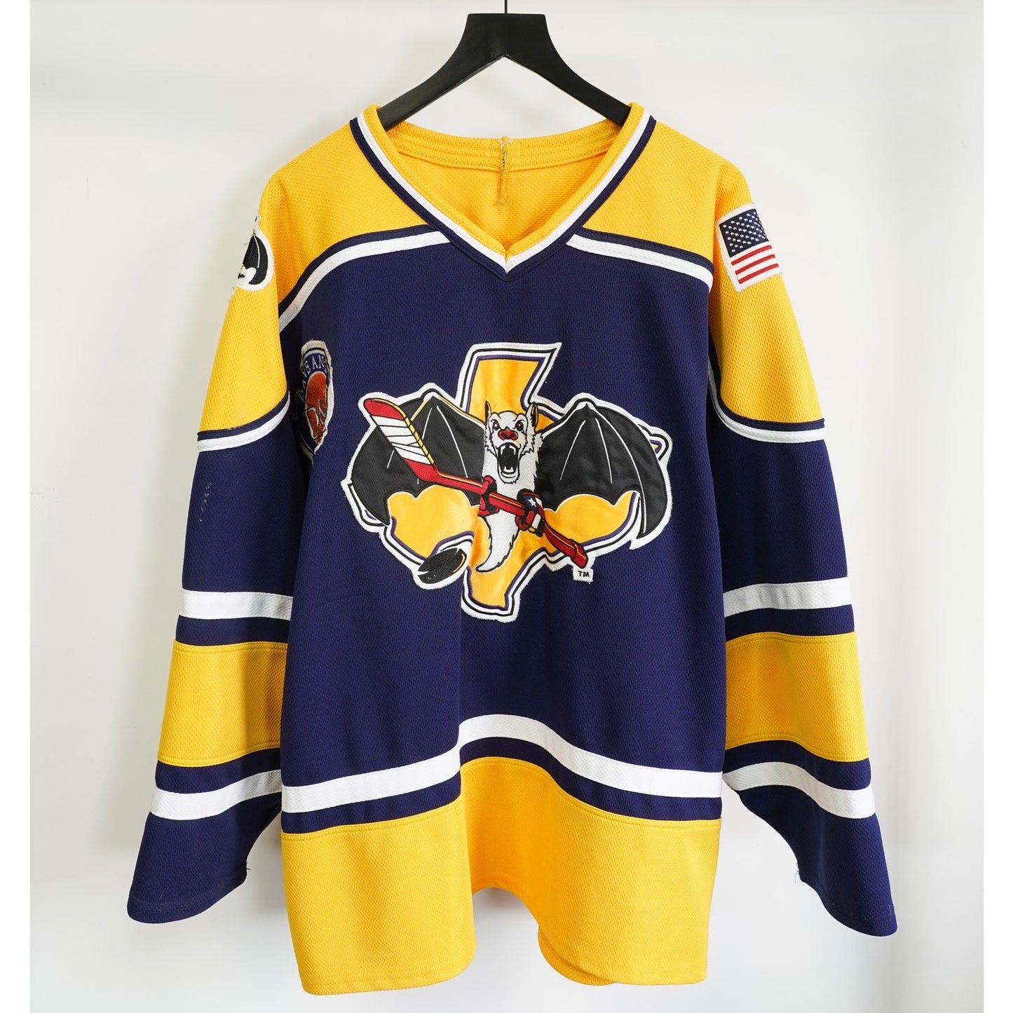 (XL) Vintage Austin Ice Bats Sewn AK Hockey Jersey Men's XL 2002-2003 Blue Yellow
